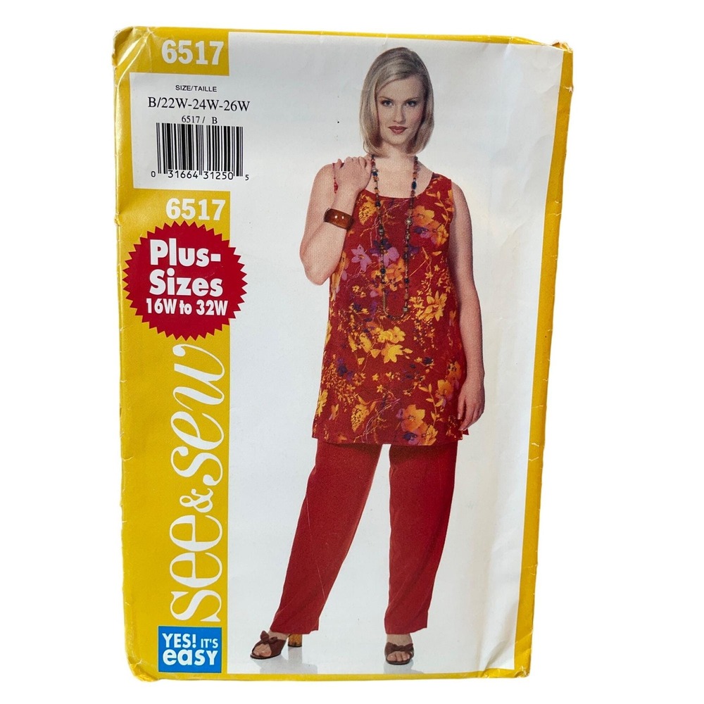 Butterick See and Sew Sewing Pattern 6517 Tunic Pants Misses Petite Size 22W-26W